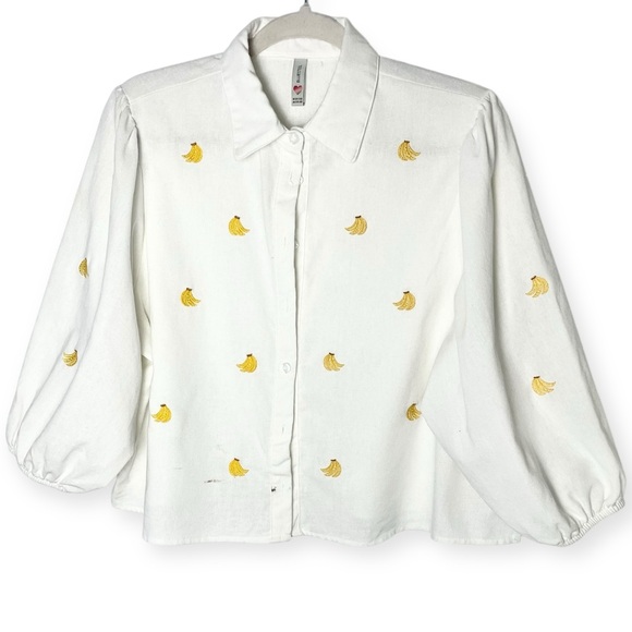 BlueSteel womens novelty embroidered banana collared button down linen cotton XL - Picture 2 of 10